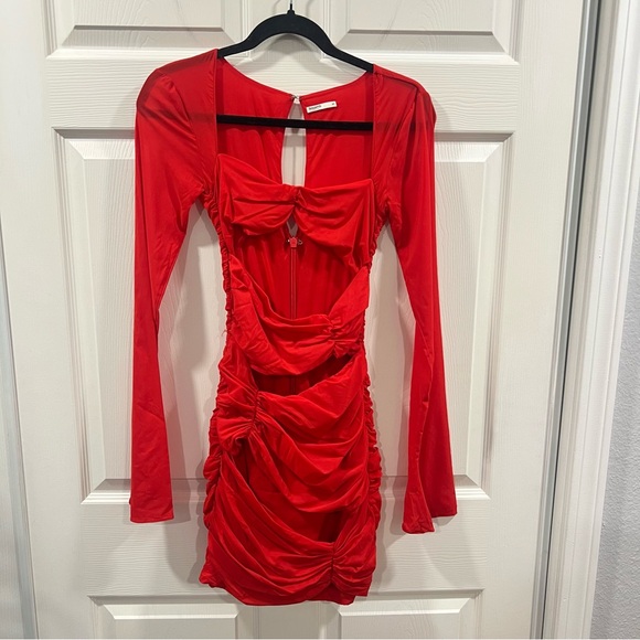 House Of CB Camille Cutout Long Sleeve Bodycon Mini Dress Red Size XS Party - Picture 3 of 12